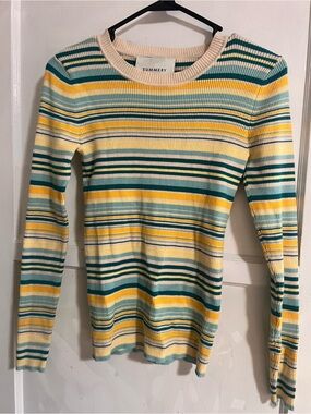 Striped Crewneck Long Sleeve Top in Yellow & Teal